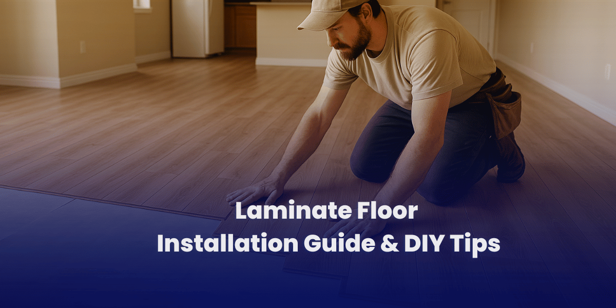 A hyper-realistic image of a carpenter installing laminate flooring in an open-layout apartment with no furniture. The space has a cozy atmosphere with beige walls and natural light. About 80% of the floor is covered with warm wood-toned planks, and the carpenter is kneeling, placing a new plank. The background shows an empty kitchen area with wooden cabinets and white appliances.